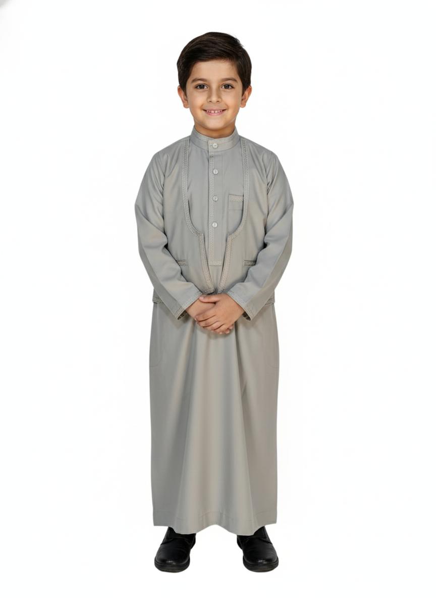 Kids Thobe Set ( Thoub + Trouser + light Jacket) Gray