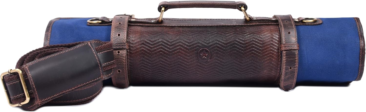 Leather Knife Roll Storage Bag – Expandable 10 Pockets, Detachable Shoulder Strap