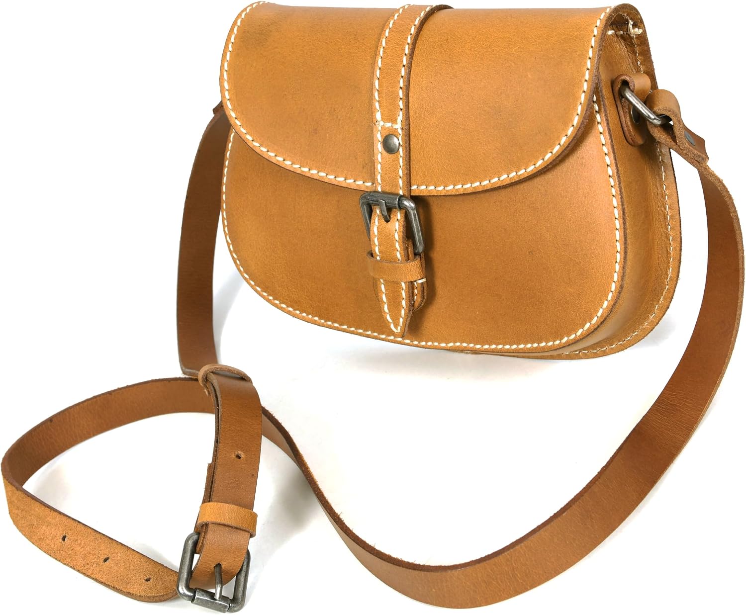 Crossbody Bag for Women – Tan Saddle Leather Bag with Contrast Stitching