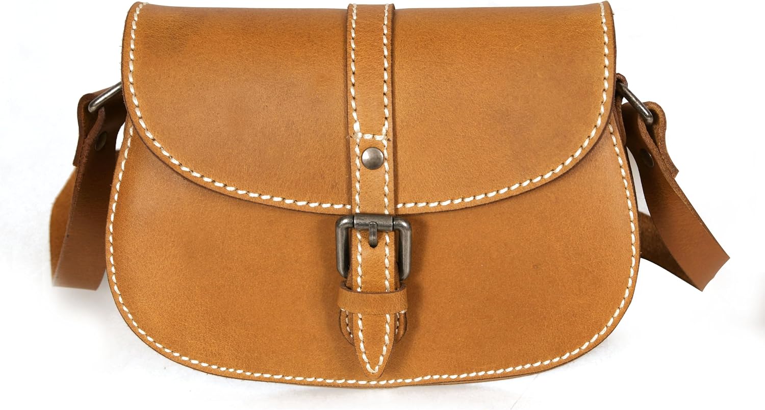 Crossbody Bag for Women – Tan Saddle Leather Bag with Contrast Stitching