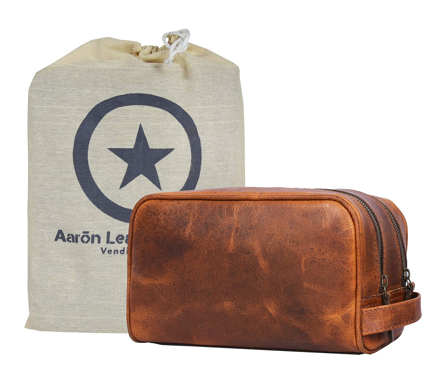 Tan Distressed Leather Toiletry Bag