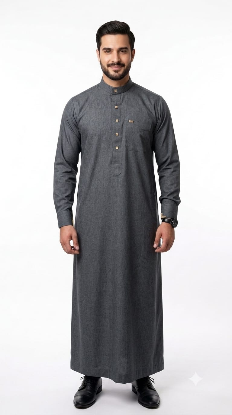 Charcoal gray Saudi thobe AL-2355 with stand collar, button placket and cuffed sleeves