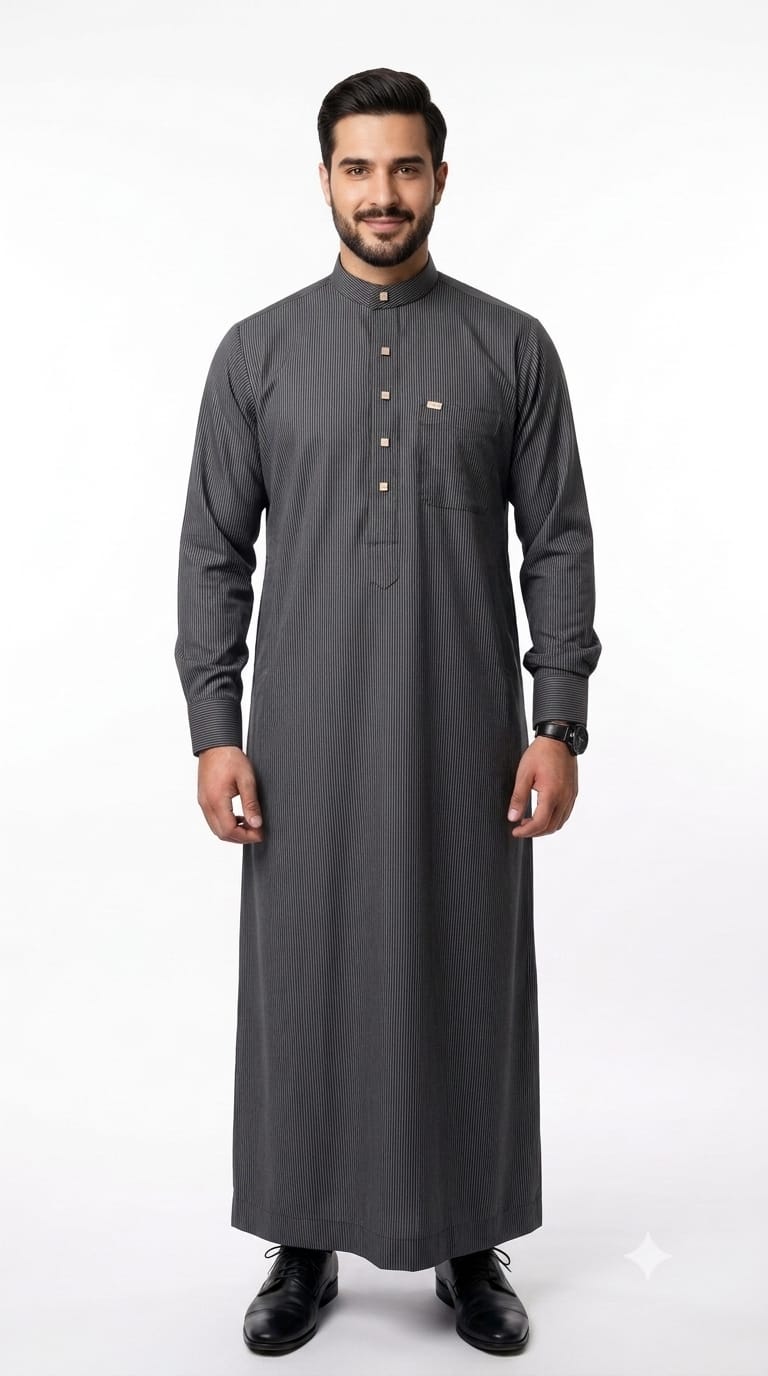 Charcoal pinstripe Saudi thobe AL-2363 with stand collar, button placket and cuffed sleeves